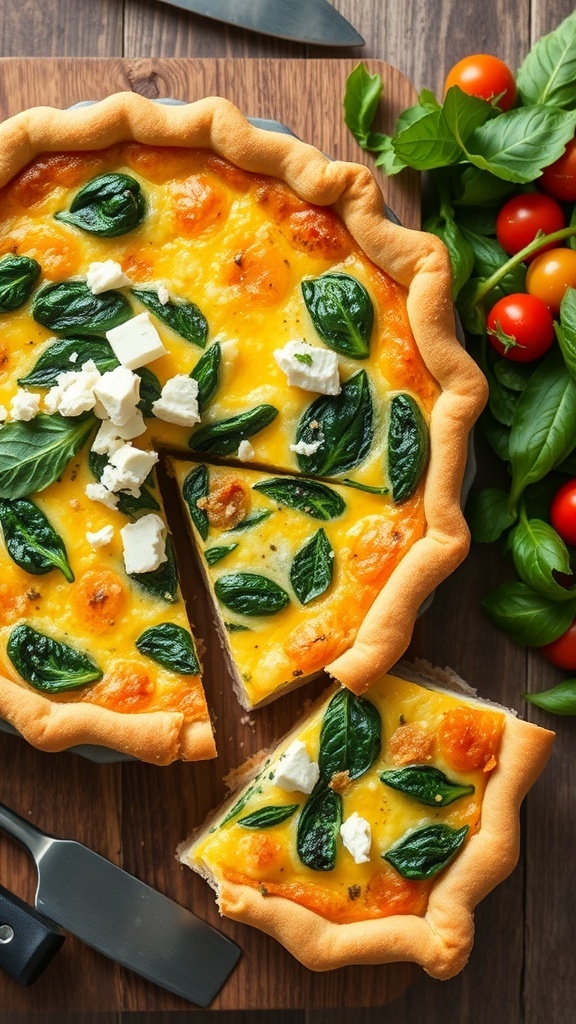 Savory Quiche Filling Ideas A golden-brown quiche filled with spinach and feta, garnished with herbs, on a wooden table with a slice cut out.